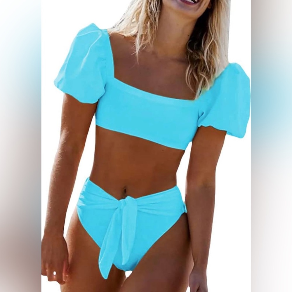 NWOT Dokotoo Womens Solid Bubble Sleeves High Waisted Two Piece Bikini Swimsuit